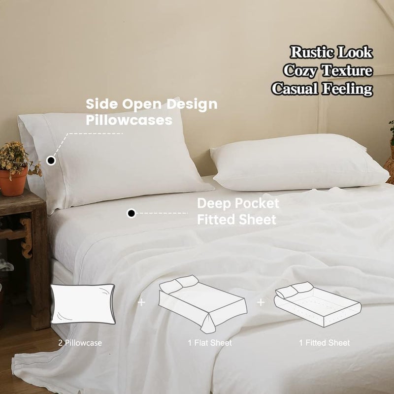 Simple&Opulence 100% Linen Sheet Set with Embroidery Washed - 4 Pieces (1 Flat Sheet & 1 Fitted Sheet & 2 Pillowcases) Natural Flax Soft Bedding Breathable Farmhouse - White  Full Size - Image 3